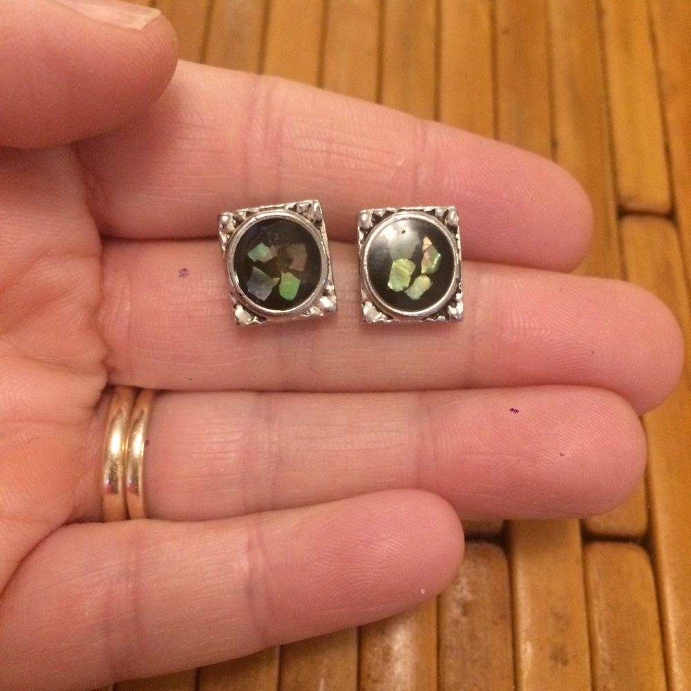 VTG Silver onyx & abalone earrings